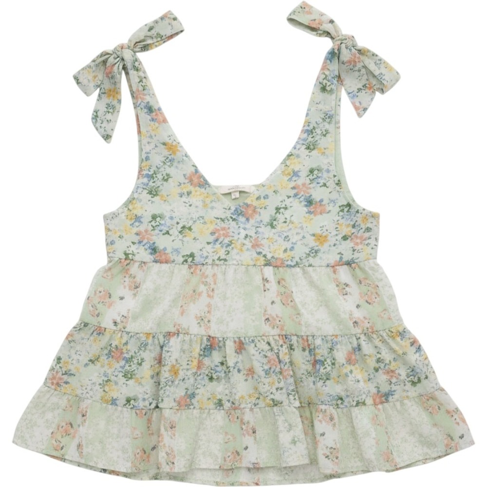 Entro Floral Tiered Babydoll Top Sage Green Tie Shoulder V-Neck Small